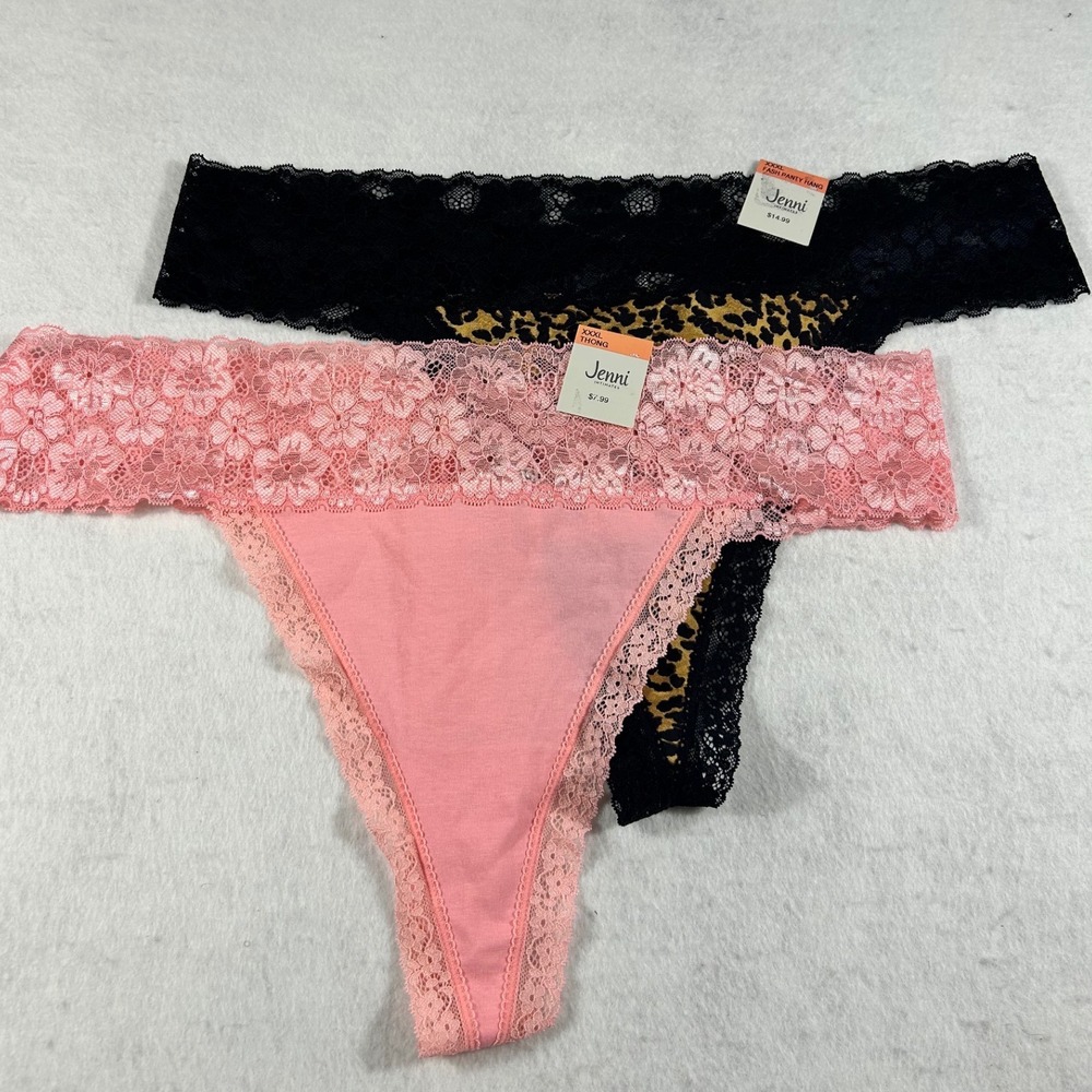 Jenni Intimates Thong Panties Set 2PK Pink Leopard Lace Trim XXXL Plus Size